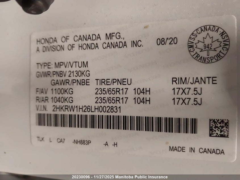 2020 Honda Cr-V Lx VIN: 2HKRW1H26LH002831 Lot: 20230096