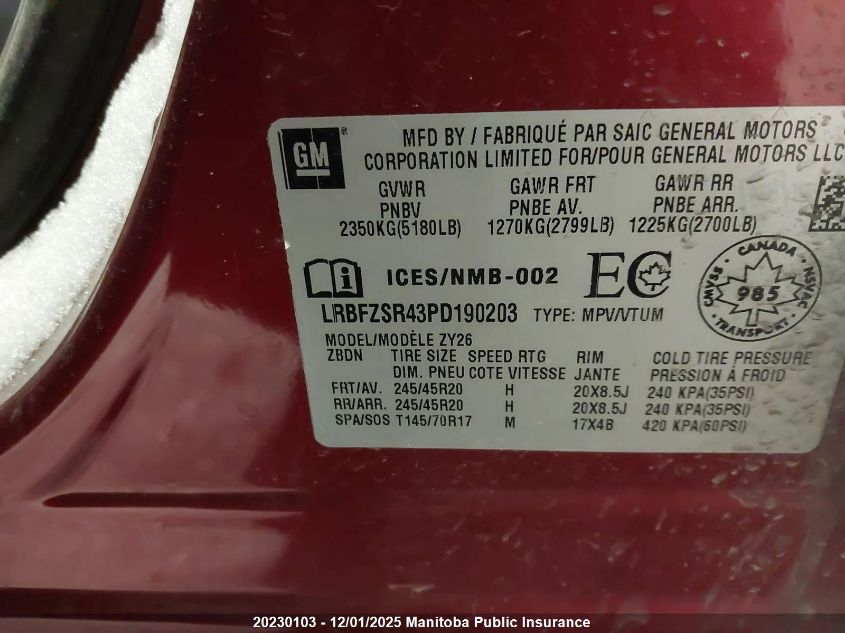 2023 Buick Envision Avenir Turbo VIN: LRBFZSR43PD190203 Lot: 20230103