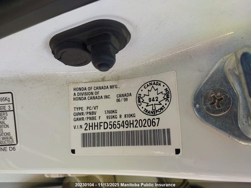 2009 Acura Csx VIN: 2HHFD56549H202067 Lot: 20230104