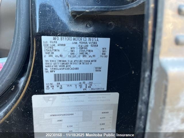 2003 Ford Excursion Eddie Bauer VIN: 1FMSU45P33EC62480 Lot: 20230168