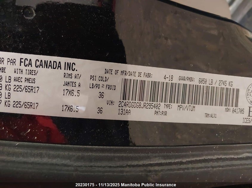 2018 Dodge Grand Caravan Crew VIN: 2C4RDGDG8JR295402 Lot: 20230175