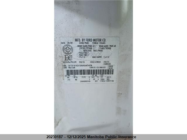 2010 Ford F150 Xlt Supercab VIN: 1FTFX1EV3AKA47478 Lot: 20230187