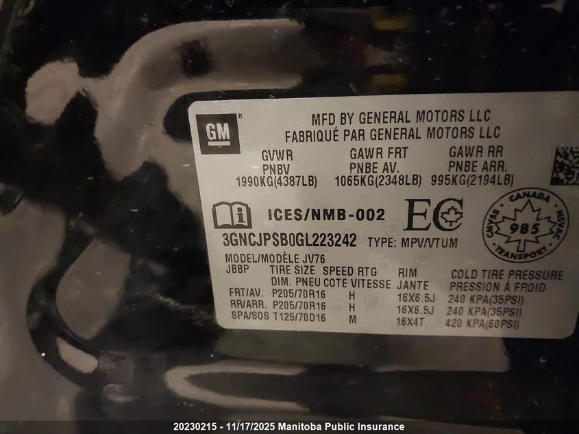 2016 Chevrolet Trax Lt VIN: 3GNCJPSB0GL223242 Lot: 20230215