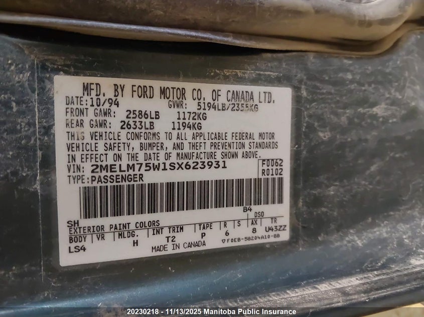 1995 Mercury Grand Marquis Ls VIN: 2MELM75W1SX623931 Lot: 20230218