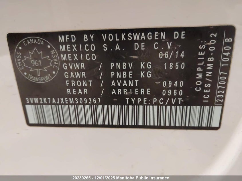 2014 Volkswagen Jetta 2.0 VIN: 3VW2K7AJXEM309267 Lot: 20230265