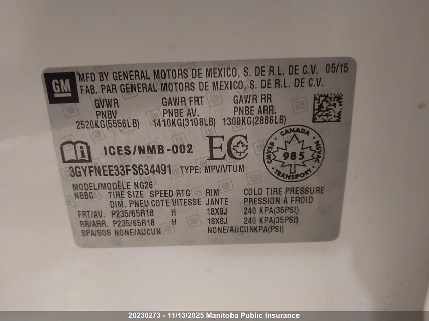 2015 Cadillac Srx V6 VIN: 3GYFNEE33FS634491 Lot: 20230273