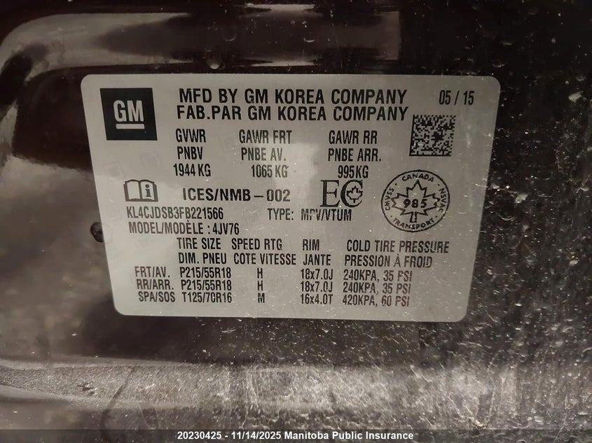 2015 Buick Encore VIN: KL4CJDSB3FB221566 Lot: 20230425