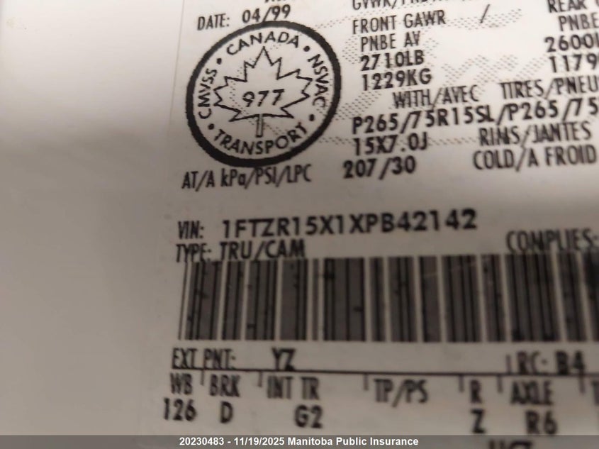 1999 Ford Ranger Supercab VIN: 1FTZR15X1XPB42142 Lot: 20230483