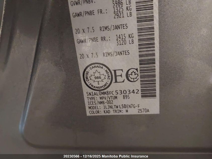 2015 Infiniti Qx60 VIN: 5N1AL0MM8FC530342 Lot: 20230566