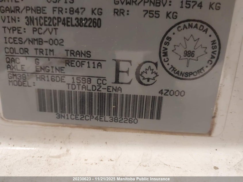 2014 Nissan Versa Note Sl VIN: 3N1CE2CP4EL382260 Lot: 20230623