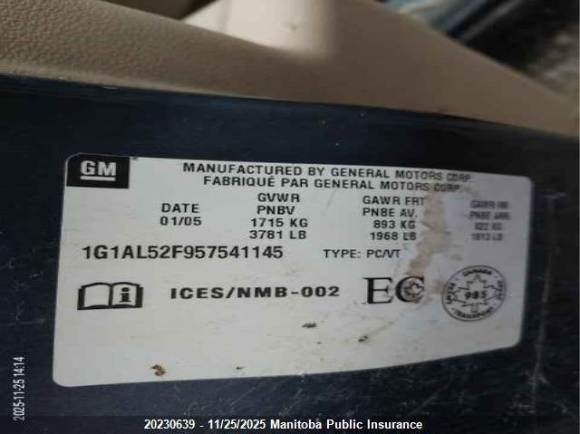 2005 Chevrolet Cobalt Ls VIN: 1G1AL52F957541145 Lot: 20230639