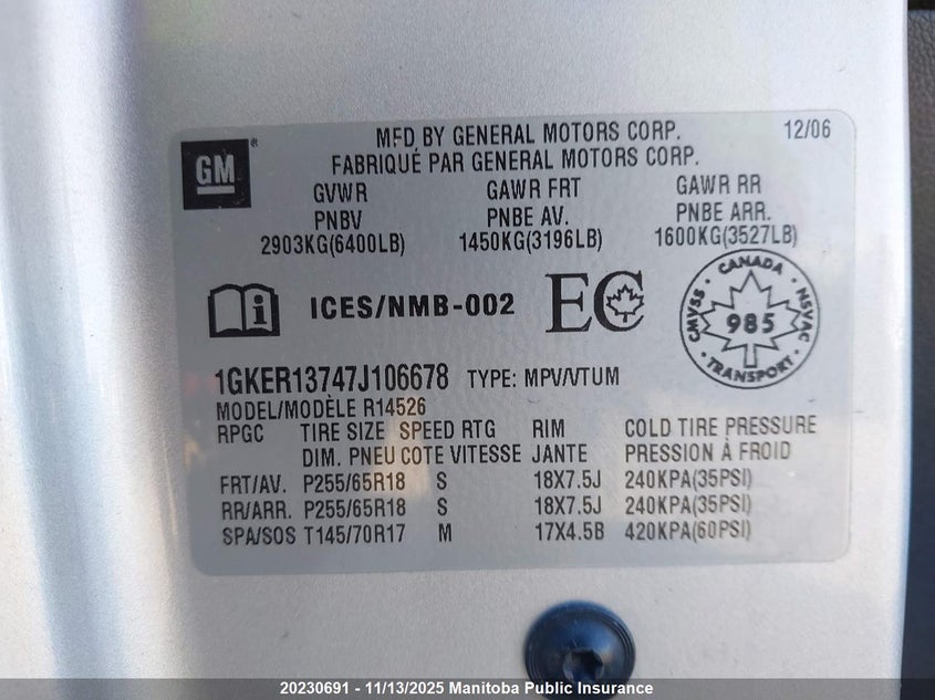 2007 GMC Acadia Sle VIN: 1GKER13747J106678 Lot: 20230691