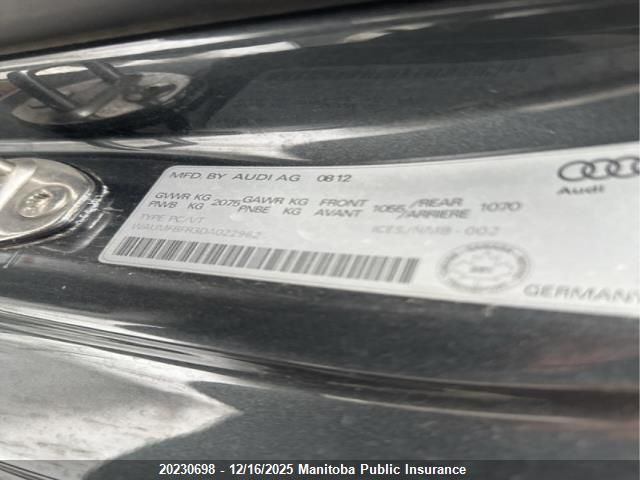 2013 Audi A5 2.0T Quattro VIN: WAUMFBFR3DA022962 Lot: 20230698