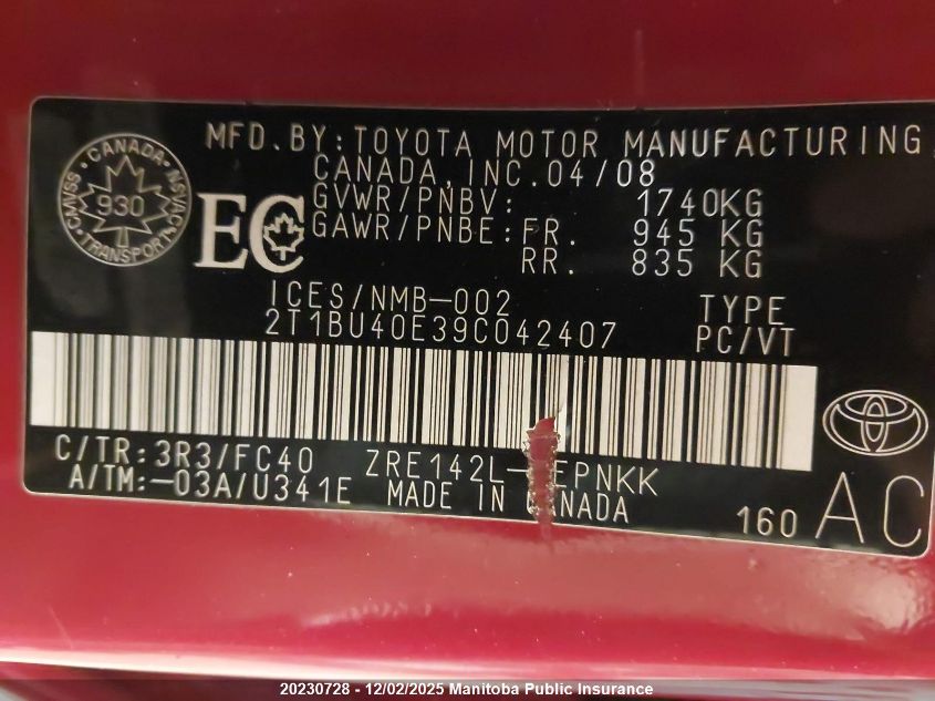 2009 Toyota Corolla Le VIN: 2T1BU40E39C042407 Lot: 20230728