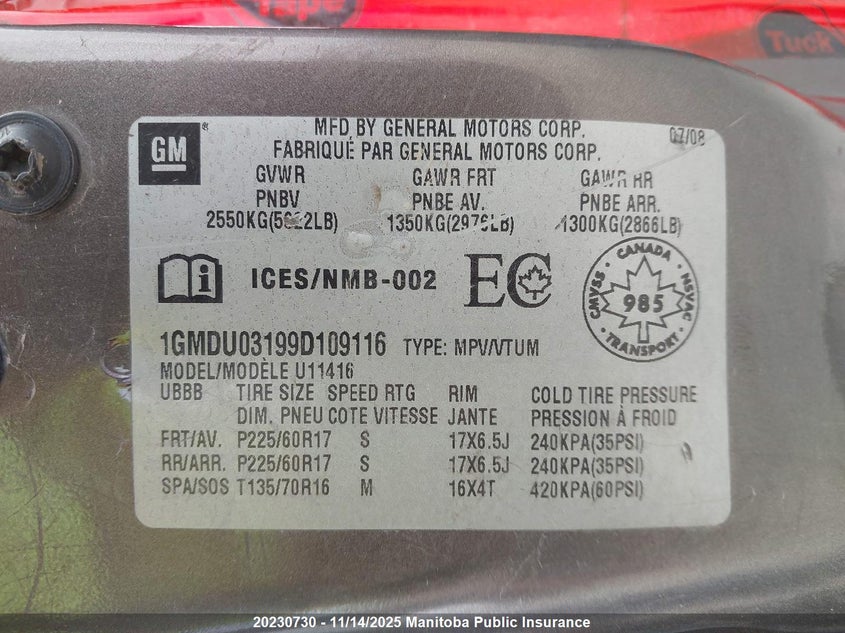 2009 Pontiac Montana Sv6 Sv6 VIN: 1GMDU03199D109116 Lot: 20230730