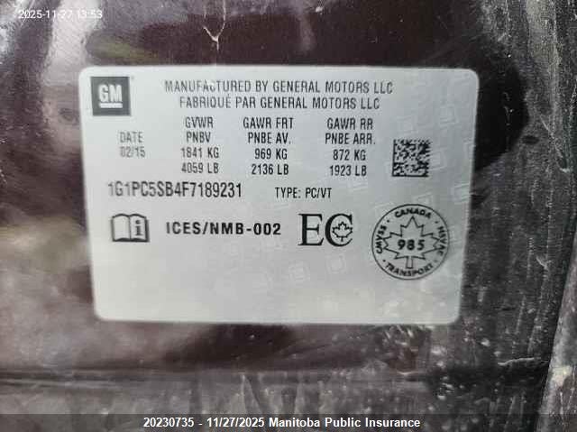 2015 Chevrolet Cruze Lt Turbo VIN: 1G1PC5SB4F7189231 Lot: 20230735