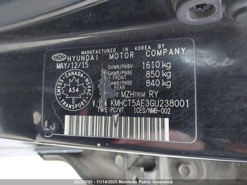 2016 Hyundai Accent Se VIN: KMHCT5AE3GU238001 Lot: 20230795