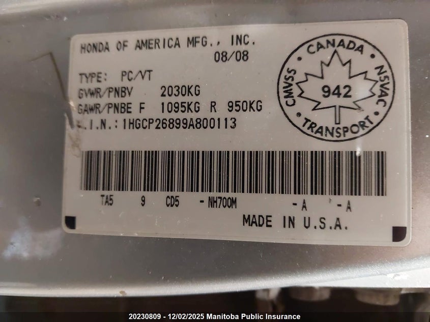 2009 Honda Accord Ex VIN: 1HGCP26899A800113 Lot: 20230809