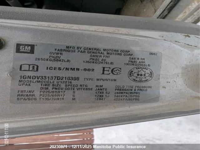 2007 Chevrolet Uplander Lt Ext VIN: 1GNDV33137D210398 Lot: 20230871