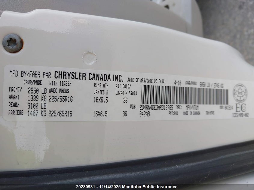 2010 Dodge Grand Caravan Se VIN: 2D4RN4DE3AR312765 Lot: 20230931