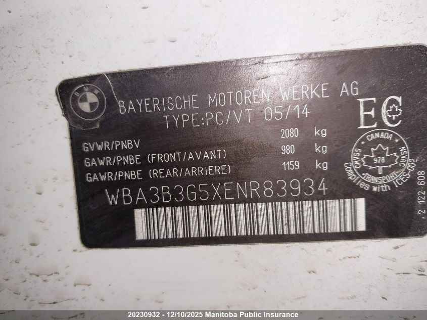 2014 BMW 328I xDrive VIN: WBA3B3G5XENR83934 Lot: 20230932