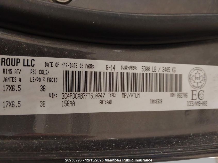 2015 Dodge Journey Se VIN: 3C4PDCAB7FT510247 Lot: 20230993