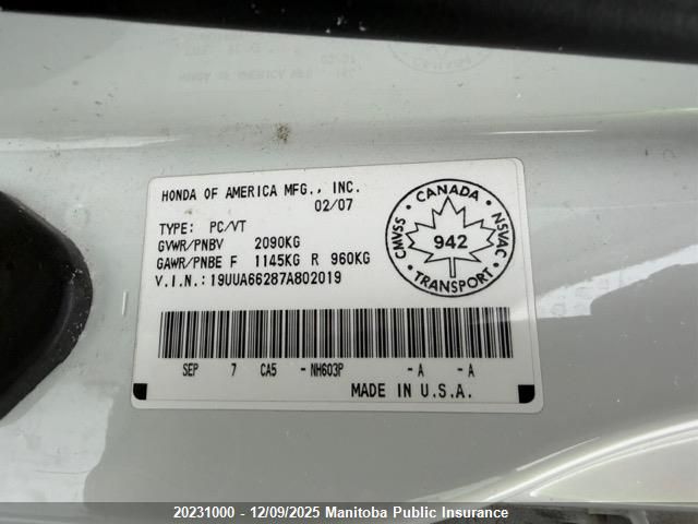 2007 Acura Tl VIN: 19UUA66287A802019 Lot: 20231000