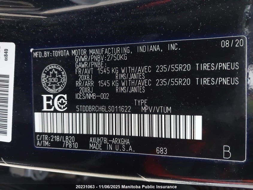 5TDDBRCH6LS011622 2020 TOYOTA HIGHLANDER photo no. 9