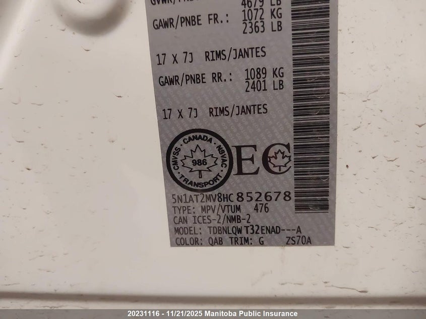 2017 Nissan Rogue Sv VIN: 5N1AT2MV8HC852678 Lot: 20231116