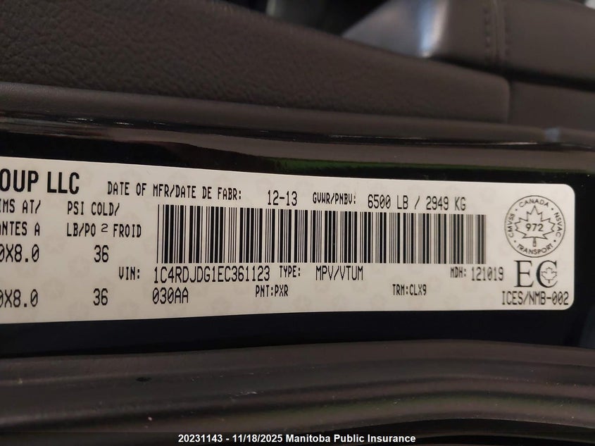 2014 Dodge Durango Limited VIN: 1C4RDJDG1EC361123 Lot: 20231143