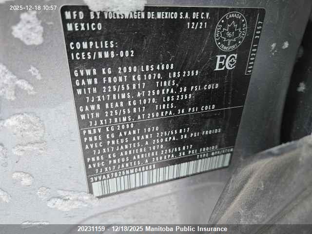 2022 Volkswagen Taos Comfortline 1.5 Tsi VIN: 3VVAX7B25NM048669 Lot: 20231159