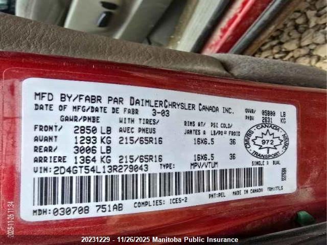 2003 Dodge Grand Caravan Es VIN: 2D4GT54L13R279043 Lot: 20231229