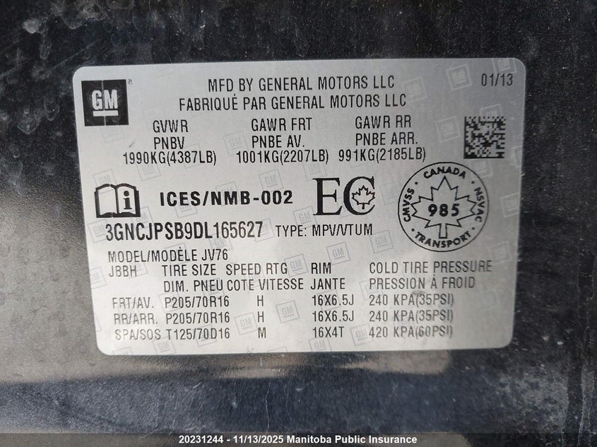 2013 Chevrolet Trax Lt VIN: 3GNCJPSB9DL165627 Lot: 20231244