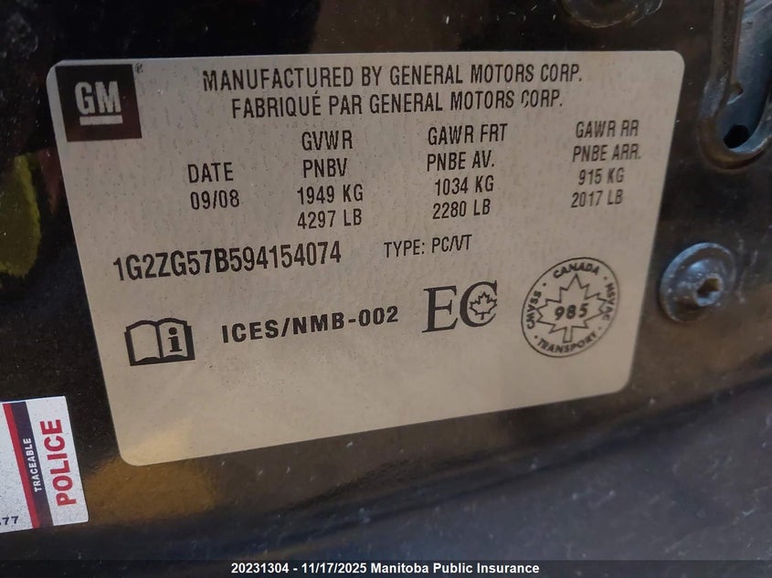 2009 Pontiac G6 VIN: 1G2ZG57B594154074 Lot: 20231304