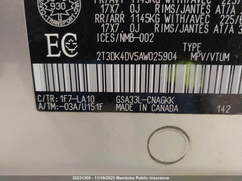 2010 Toyota Rav4 Limited V6 VIN: 2T3DK4DV5AW025904 Lot: 20231309