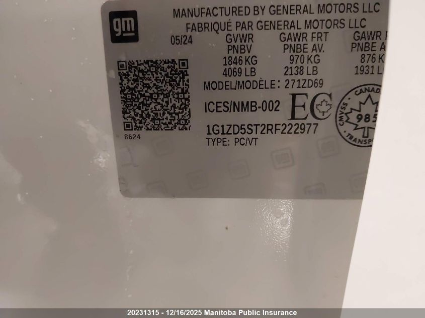 2024 Chevrolet Malibu Lt VIN: 1G1ZD5ST2RF222977 Lot: 20231315