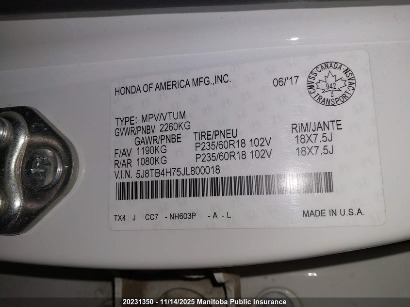 2018 Acura Rdx VIN: 5J8TB4H75JL800018 Lot: 20231350