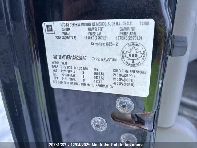 2001 Pontiac Aztek VIN: 3G7DA03E01S523047 Lot: 20231383