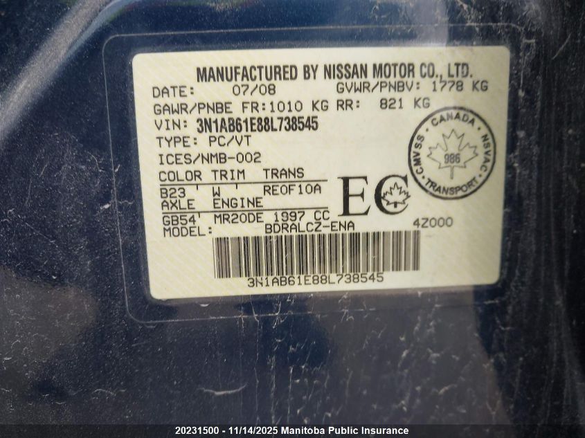 2008 Nissan Sentra 2.0 VIN: 3N1AB61E88L738545 Lot: 20231500