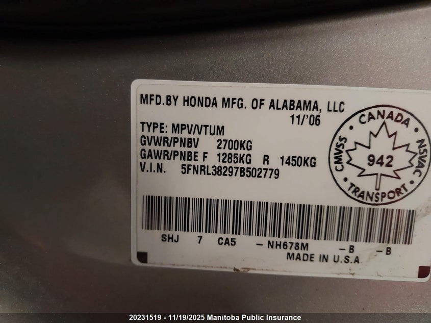 2007 Honda Odyssey Lx VIN: 5FNRL38297B502779 Lot: 20231519