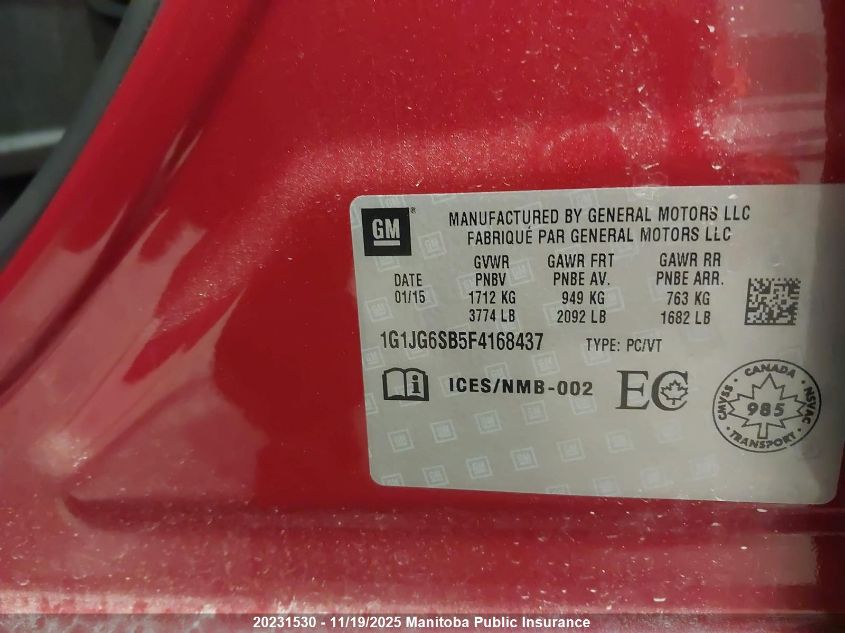2015 Chevrolet Sonic Rs VIN: 1G1JG6SB5F4168437 Lot: 20231530