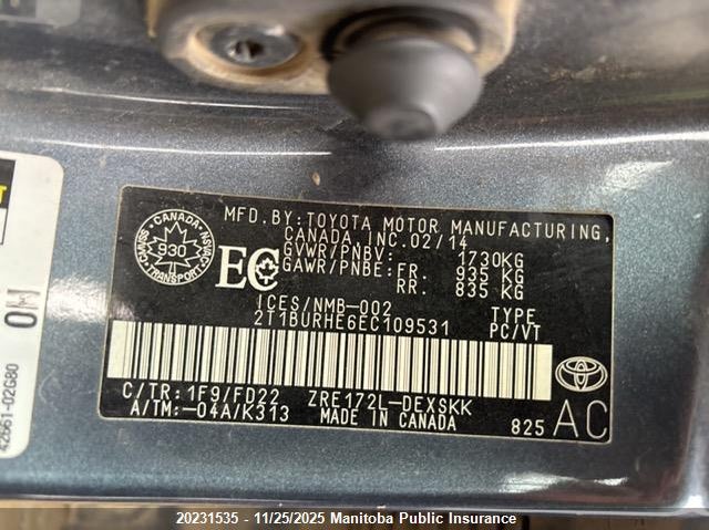 2014 Toyota Corolla S VIN: 2T1BURHE6EC109531 Lot: 20231535