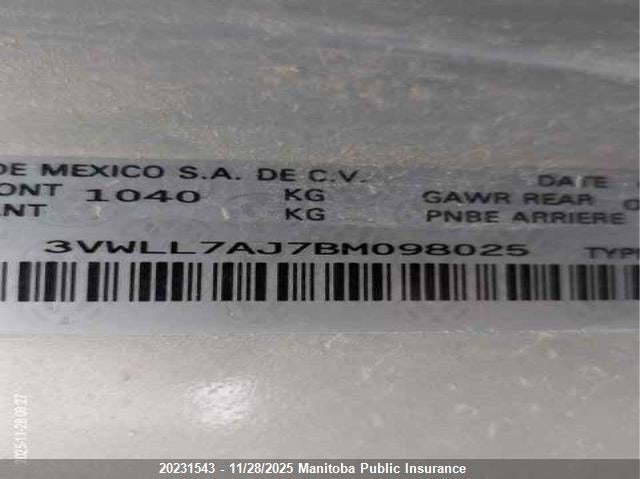 2011 Volkswagen Jetta 2.0 Tdi VIN: 3VWLL7AJ7BM098025 Lot: 20231543