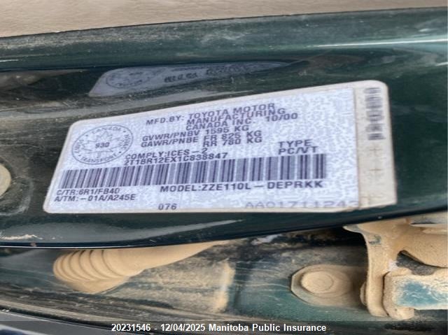 2T1BR12EX1C838847 2001 TOYOTA COROLLA photo no. 9