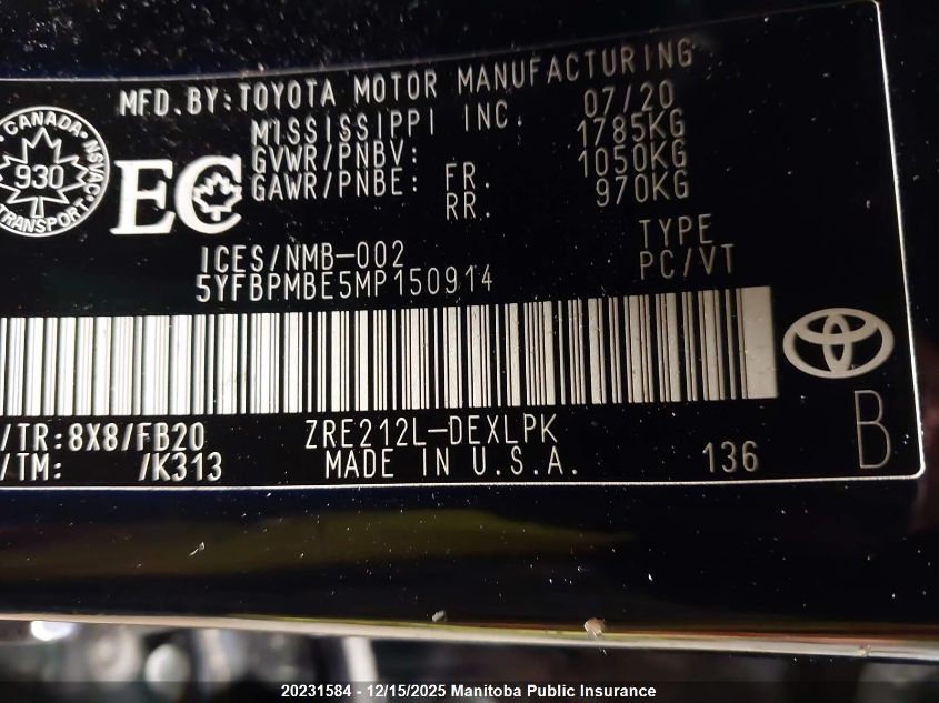 2021 Toyota Corolla Le VIN: 5YFBPMBE5MP150914 Lot: 20231584