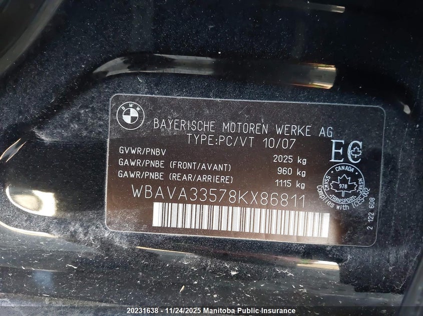 2008 BMW 328I VIN: WBAVA33578KX86811 Lot: 20231638