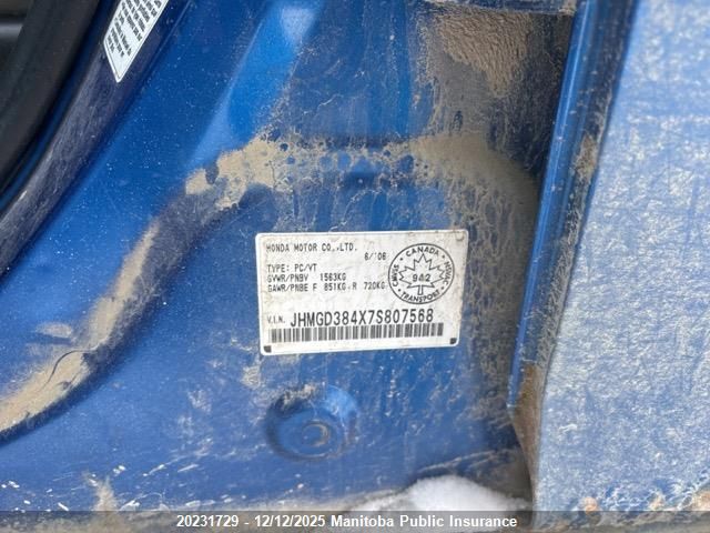 2007 Honda Fit Lx VIN: JHMGD384X7S807568 Lot: 20231729