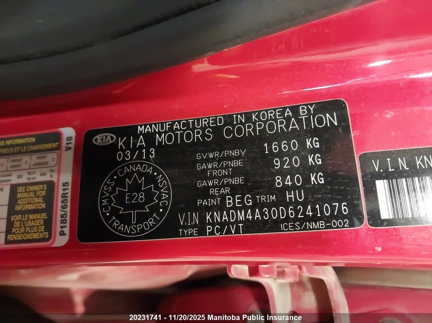 2013 Kia Rio Lx VIN: KNADM4A30D6241076 Lot: 20231741