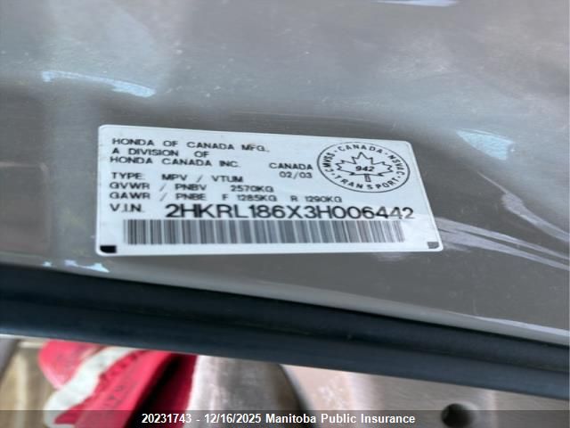 2003 Honda Odyssey Ex VIN: 2HKRL186X3H006442 Lot: 20231743