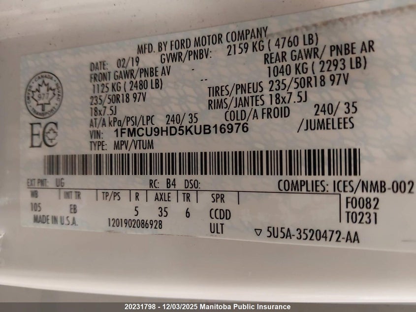 1FMCU9HD5KUB16976 2019 FORD ESCAPE photo no. 9